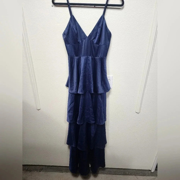 Lulus Going with Elegance Navy Blue Satin Tiered Gown Wedding Party Guest Formal - Picture 6 of 11